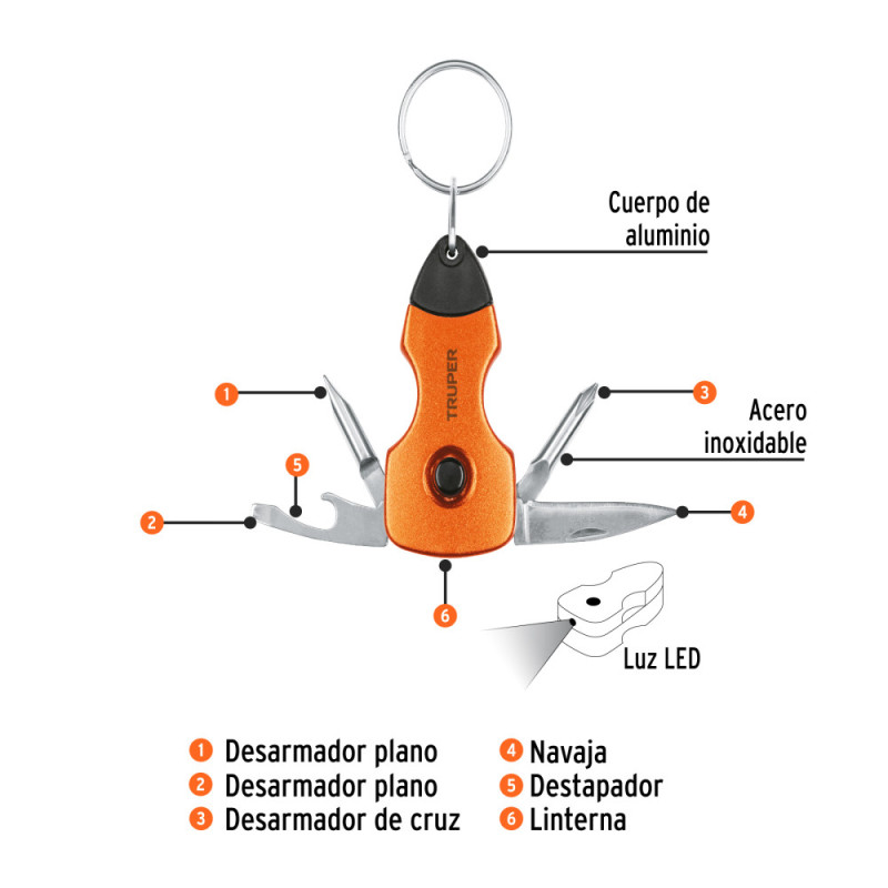 Llavero Multiherramienta 6 funciones con LED Truper 13336